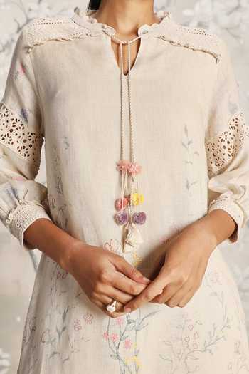 Shop_Kaveri_Beige Linen Embroidery Open Neck Walk In The Clouds Karma Floral Pattern Dress _Online_at_Aza_Fashions