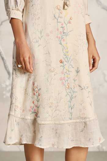 Kaveri_Beige Linen Embroidery Open Neck Walk In The Clouds Karma Floral Pattern Dress _at_Aza_Fashions