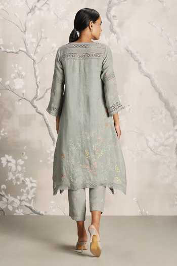 Shop_Kaveri_Green Linen Embroidery Walk In The Clouds Fly Free Floral Print Kurta And Pant Set _at_Aza_Fashions