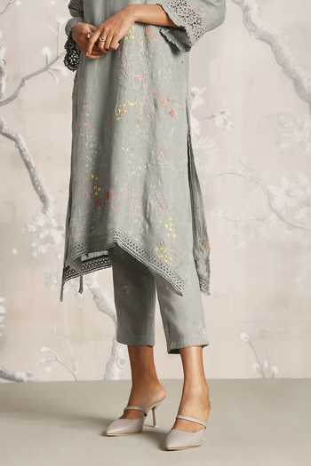 Shop_Kaveri_Green Linen Embroidery Walk In The Clouds Fly Free Floral Print Kurta And Pant Set _Online_at_Aza_Fashions