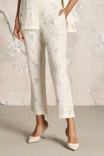 Buy_Kaveri_Off White Linen Embroidery Walk In The Clouds Floral Print Kaftan And Pant Set _Online_at_Aza_Fashions