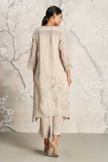 Shop_Kaveri_Beige Linen Walk In The Clouds Fly Free Floral Pattern Kurta And Pant Set _at_Aza_Fashions