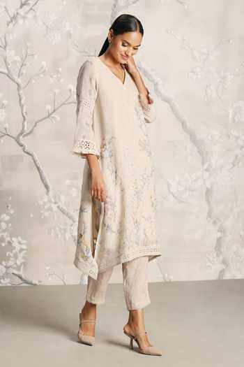 Kaveri_Beige Linen Walk In The Clouds Fly Free Floral Pattern Kurta And Pant Set _Online_at_Aza_Fashions