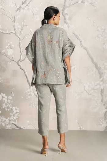Shop_Kaveri_Green Linen Embroidery Open Walk In The Clouds Floral Pattern Kaftan And Pant Set _at_Aza_Fashions