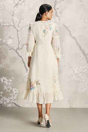 Shop_Kaveri_Off White Linen Embroidery V-neck Corsage Bed Roses Dress _at_Aza_Fashions
