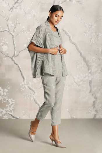Kaveri_Green Linen Embroidery Open Walk In The Clouds Floral Pattern Kaftan And Pant Set _Online_at_Aza_Fashions