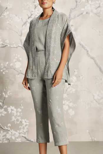 Buy_Kaveri_Green Linen Embroidery Open Walk In The Clouds Floral Pattern Kaftan And Pant Set _Online_at_Aza_Fashions