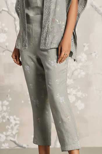 Shop_Kaveri_Green Linen Embroidery Open Walk In The Clouds Floral Pattern Kaftan And Pant Set _Online_at_Aza_Fashions