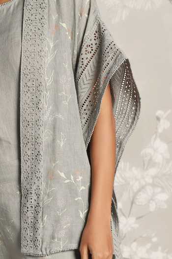 Kaveri_Green Linen Embroidery Open Walk In The Clouds Floral Pattern Kaftan And Pant Set _at_Aza_Fashions