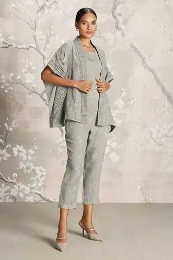 Buy_Kaveri_Green Linen Embroidery Open Walk In The Clouds Floral Pattern Kaftan And Pant Set 