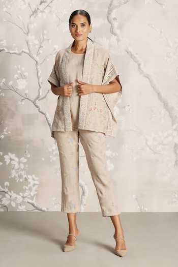 Buy_Kaveri_Beige Linen Open Neck Floral Hand Screen Printed Kaftan Set _at_Aza_Fashions