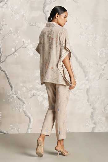 Shop_Kaveri_Beige Linen Open Neck Floral Hand Screen Printed Kaftan Set _at_Aza_Fashions