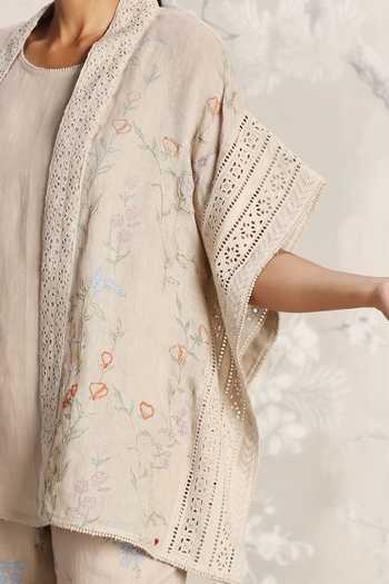 Shop_Kaveri_Beige Linen Open Neck Floral Hand Screen Printed Kaftan Set _Online_at_Aza_Fashions