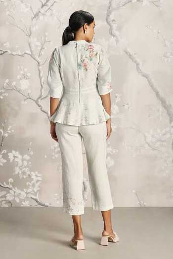 Shop_Kaveri_Beige Linen Embroidery Round Neck Floral Peplum Top With Pant _at_Aza_Fashions