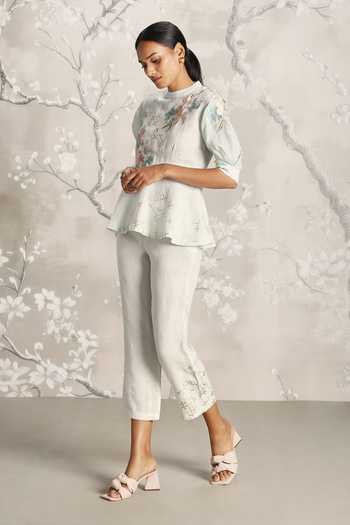 Kaveri_Beige Linen Embroidery Round Neck Floral Peplum Top With Pant _Online_at_Aza_Fashions