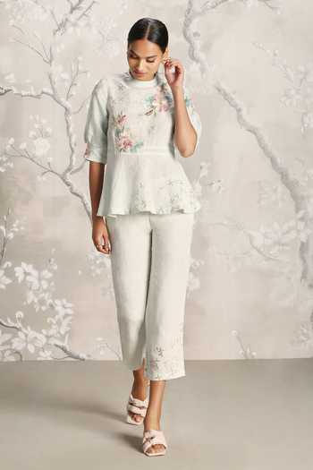 Buy_Kaveri_Beige Linen Embroidery Round Neck Floral Peplum Top With Pant _Online_at_Aza_Fashions