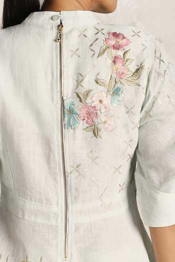 Kaveri_Beige Linen Embroidery Round Neck Floral Peplum Top With Pant _at_Aza_Fashions