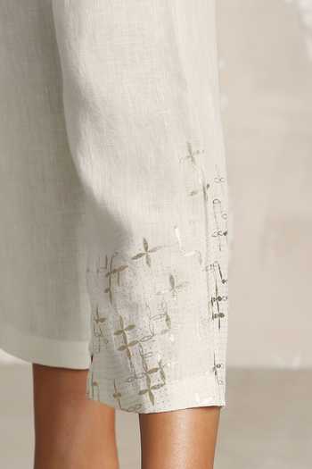 Buy_Kaveri_Beige Linen Embroidery Round Neck Floral Peplum Top With Pant 