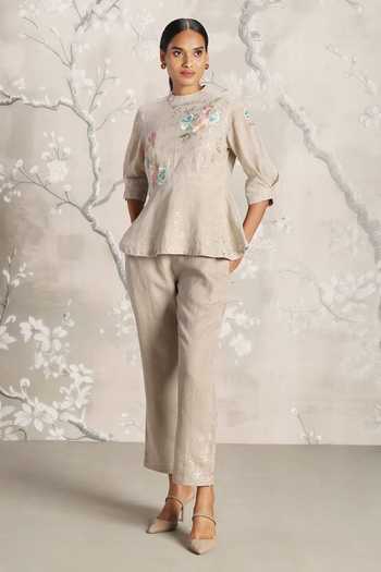 Buy_Kaveri_Grey Linen Embroidery Round Neck Floral Top With Pant _at_Aza_Fashions