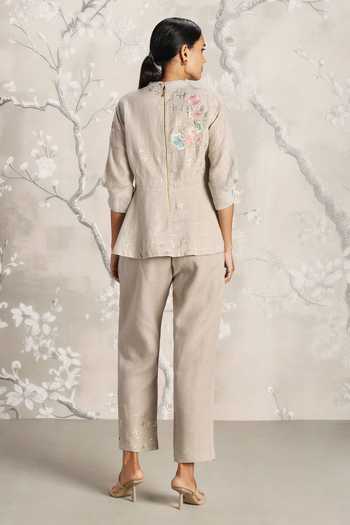 Shop_Kaveri_Grey Linen Embroidery Round Neck Floral Top With Pant _at_Aza_Fashions