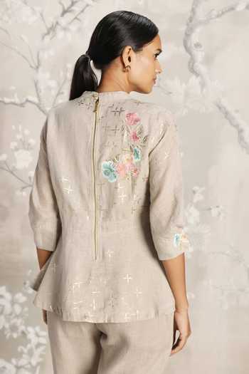 Shop_Kaveri_Grey Linen Embroidery Round Neck Floral Top With Pant _Online_at_Aza_Fashions