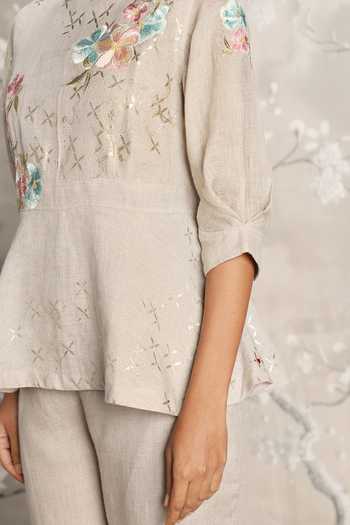 Kaveri_Grey Linen Embroidery Round Neck Floral Top With Pant _at_Aza_Fashions
