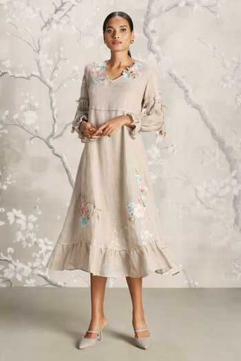Buy_Kaveri_Grey Linen Embroidery V-neck Flower Silk Dress _at_Aza_Fashions