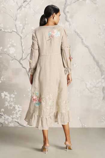 Shop_Kaveri_Grey Linen Embroidery V-neck Flower Silk Dress _at_Aza_Fashions