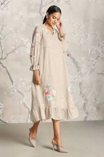 Kaveri_Grey Linen Embroidery V-neck Flower Silk Dress _Online_at_Aza_Fashions
