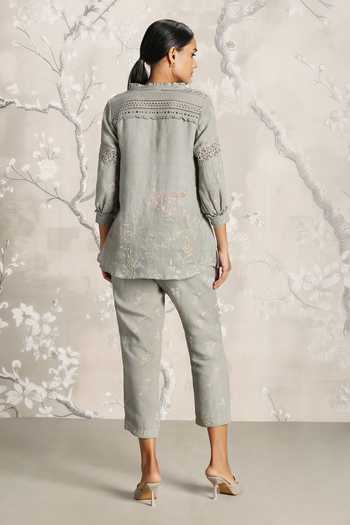 Shop_Kaveri_Green Linen Embroidery Open Walk In The Clouds Karma Floral Print Top And Pant Set _at_Aza_Fashions