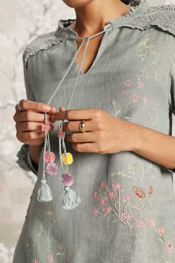 Kaveri_Green Linen Embroidery Open Walk In The Clouds Karma Floral Print Top And Pant Set _at_Aza_Fashions