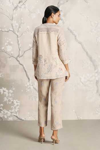 Shop_Kaveri_Beige Linen Tassels, Walk In The Clouds Karma Floral Pattern Top And Pant Set _at_Aza_Fashions