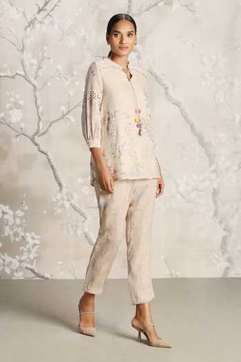 Buy_Kaveri_Beige Linen Tassels, Walk In The Clouds Karma Floral Pattern Top And Pant Set _Online_at_Aza_Fashions