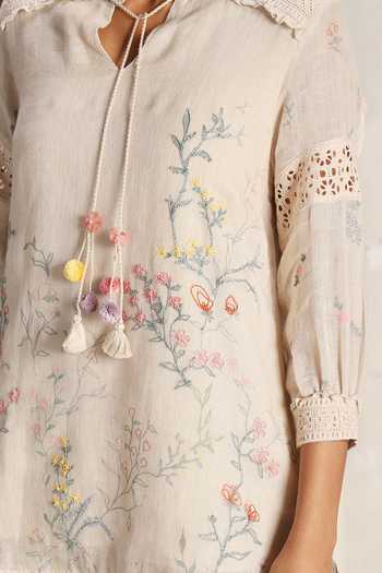 Kaveri_Beige Linen Tassels, Walk In The Clouds Karma Floral Pattern Top And Pant Set _at_Aza_Fashions