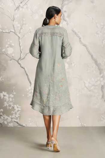 Shop_Kaveri_Green Linen Embroidery Round Neck Walk In The Clouds Karma Floral Print Dress _at_Aza_Fashions