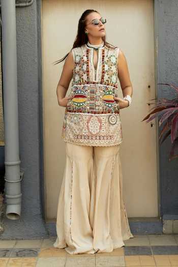 Buy_Aseem Kapoor_Multi Color Muslin, Net, Crepe Beads, Multicolor Embroidered Dress And Sharara Set _at_Aza_Fashions
