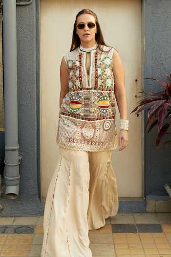 Shop_Aseem Kapoor_Multi Color Muslin, Net, Crepe Beads, Multicolor Embroidered Dress And Sharara Set _Online