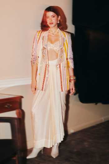 Buy_Aseem Kapoor_Multi Color Net, Silk Beads, Embroidery Noori Stripe Print Jacket Skirt Set _at_Aza_Fashions