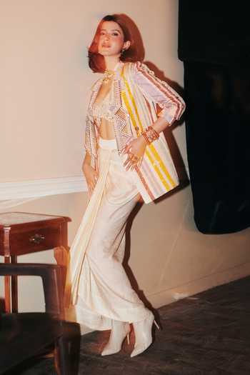 Aseem Kapoor_Multi Color Net, Silk Beads, Embroidery Noori Stripe Print Jacket Skirt Set _at_Aza_Fashions