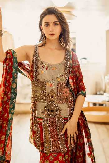 Buy_Aseem Kapoor_Multi Color Cotton, Satin, Silk Beads, Mehru Afghan Art Work Tunic Sharara Set _Online
