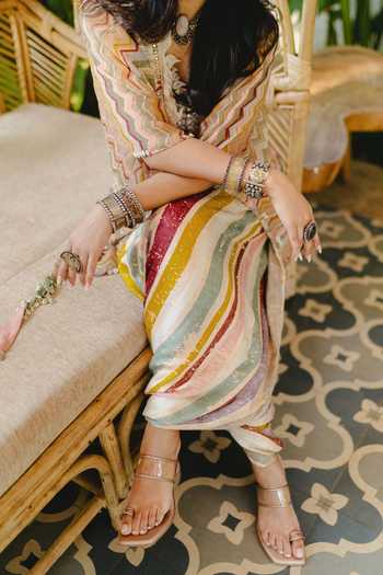 Aseem Kapoor_Ivory Net, Satin, Silk, Cotton Sequins, Beads Chevron Print Jacket And Trouser Set 
