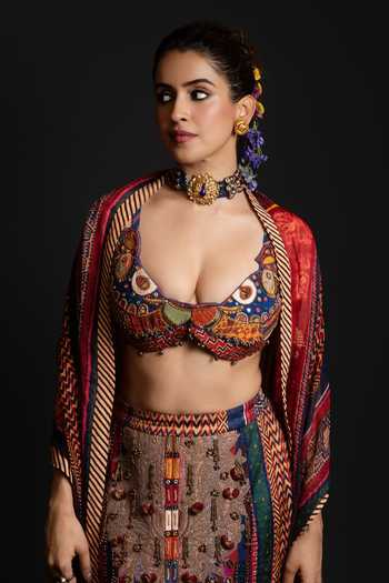 Shop_Aseem Kapoor_Multi Color Crepe, Twill, Silk Beads, Zari, Najka Embroidered Blouse Skirt Set _Online