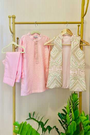 Shop_Rage Attire-Sweta Saria_Pink Silk, Bemberg, Cotton Embroidered Nehru Jacket And Kurta Set _at_Aza_Fashions