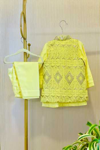 Rage Attire-Sweta Saria_Yellow Silk, Bemberg, Cotton Embroidered Nehru Jacket And Kurta Set _Online_at_Aza_Fashions