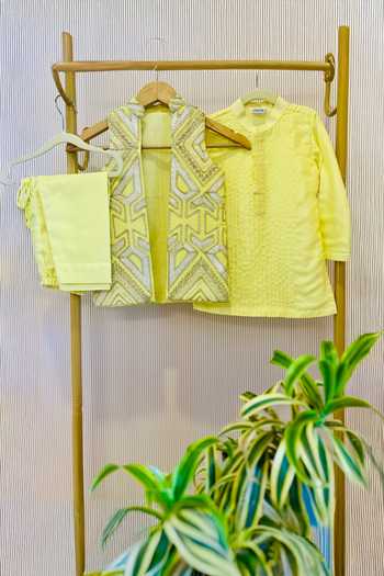 Buy_Rage Attire-Sweta Saria_Yellow Silk, Bemberg, Cotton Embroidered Nehru Jacket And Kurta Set _Online_at_Aza_Fashions