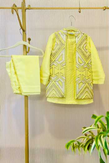 Shop_Rage Attire-Sweta Saria_Yellow Silk, Bemberg, Cotton Embroidered Nehru Jacket And Kurta Set _Online_at_Aza_Fashions