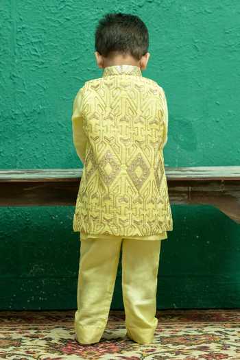 Shop_Rage Attire-Sweta Saria_Yellow Silk, Bemberg, Cotton Embroidered Nehru Jacket And Kurta Set _at_Aza_Fashions