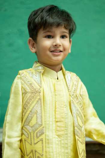 Rage Attire-Sweta Saria_Yellow Silk, Bemberg, Cotton Embroidered Nehru Jacket And Kurta Set _at_Aza_Fashions