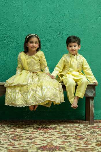 Buy_Rage Attire-Sweta Saria_Yellow Silk, Bemberg, Cotton Embroidered Nehru Jacket And Kurta Set 