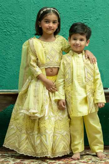 Shop_Rage Attire-Sweta Saria_Yellow Silk, Bemberg, Cotton Embroidered Nehru Jacket And Kurta Set 